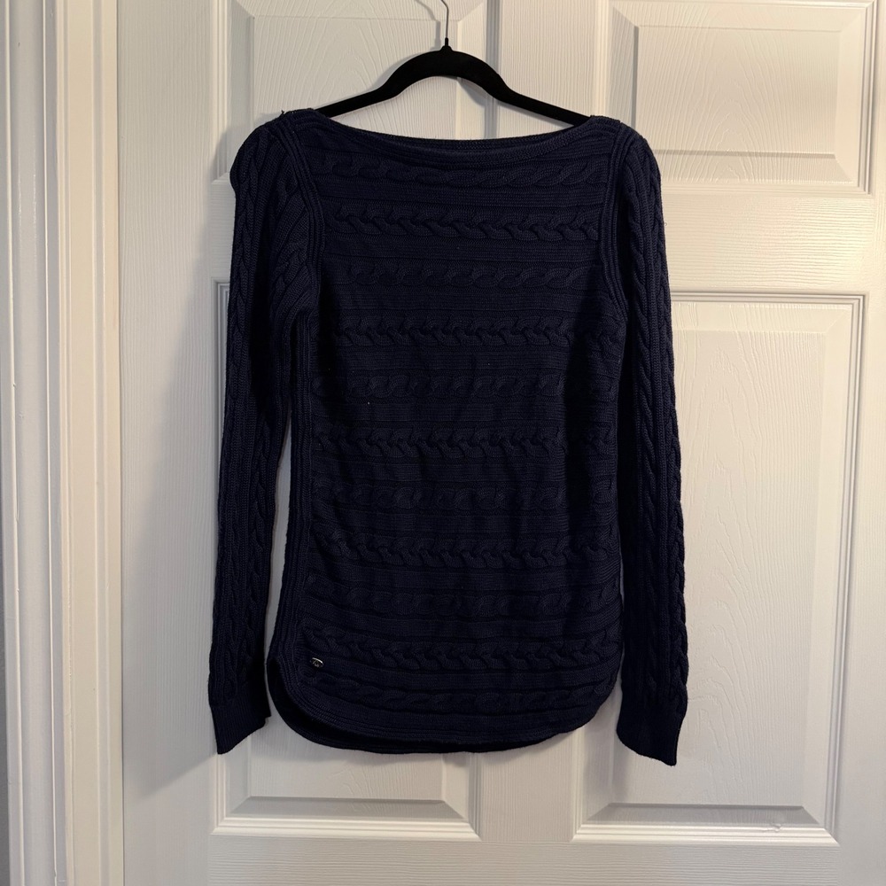 Lauren Ralph Lauren Cable Knit Sweater Navy Blue‎ Small Boat Neck Classic Casual